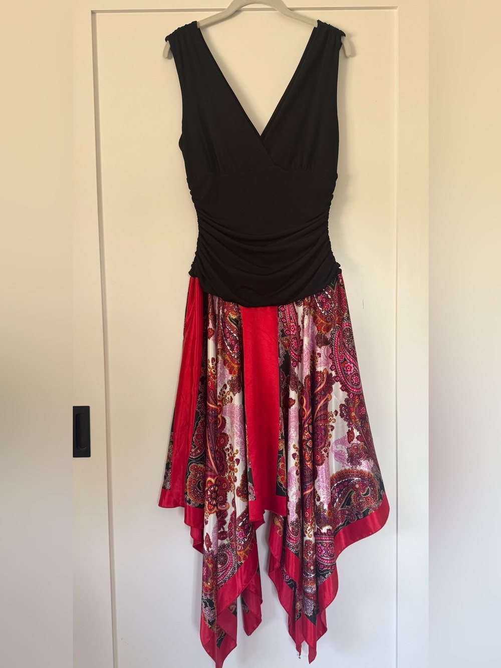 AGB Black Top Red Paisley Handkerchief Hem Midi Dress